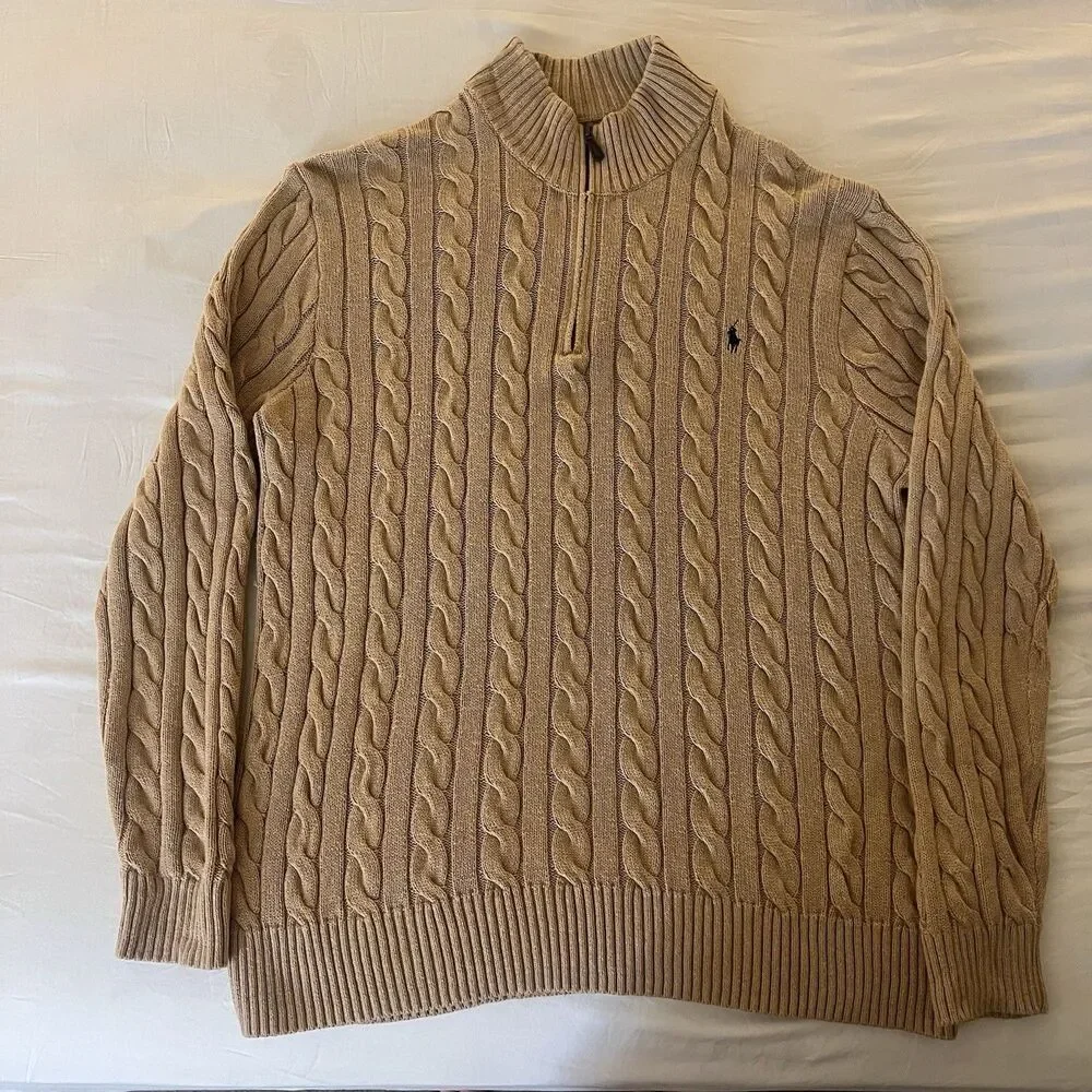 Polo Ralph Lauren Men’s Cable Knit Cotton Quarter Zip Sweater Camel Melange XLT